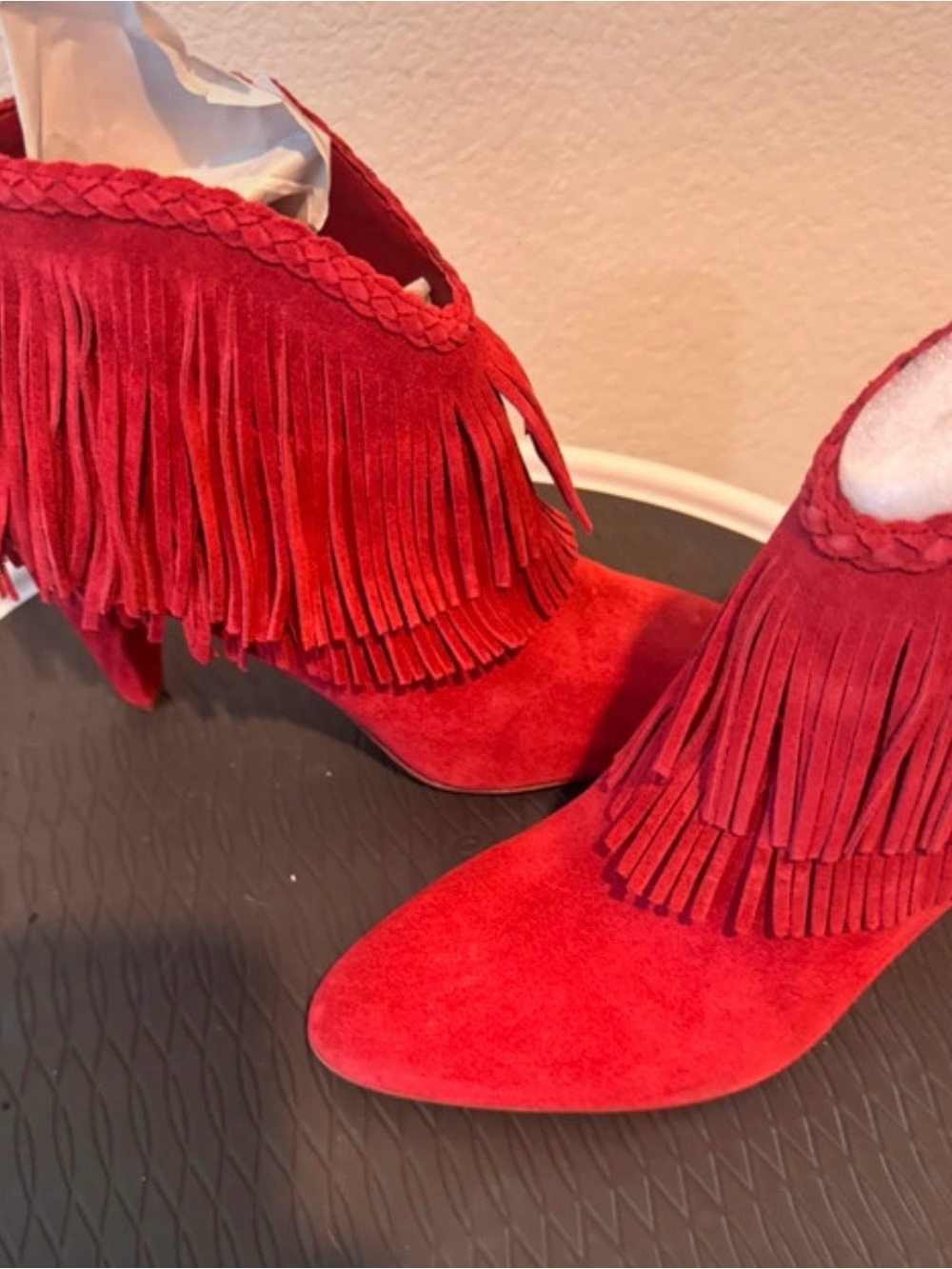 Red Fringe Suede Women's Ankle Boots - Stylish Heeled Booties
